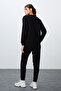 Black Compact Cotton Thick Smooth Textured O-Neck Standard Fit Women's Tracksuit Set - 95341 - 7