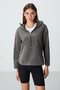 Dark Gray Thick Soft Textured Hooded Standard Fit Embroidered Fleece Women's Sweatshirt -97286