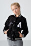 Black Thick Soft Textured Standard Fit Embroidered Fleece Girls' College Jacket - 75156 - 5