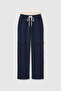 Navy Blue Double Belted Cargo Pocket Palazzo Girls' Sweatpants - 75198