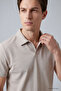 Beige Comfortable Form Soft-Textured Polo Collar Men's T-Shirt - 88496 - 3