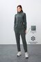Khaki Thick Soft Textured Stand Collar Standard Fit Embroidered Fleece Women's Tracksuit Set -95339