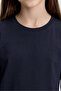 Navy Blue O Neck Standard Fit Basic Long Sleeve Unisex Kids T-Shirt - 11329 - 6