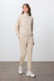 Beige Compact Cotton Thick Smooth Textured Stand Collar Standard Fit Women's Tracksuit Set - 95340 - 5