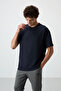 Navy Blue Waffle Interlock Surface Textured Oversize Fit Basic Men's T-Shirt - 88379 - 5