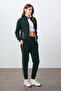 Pine Green Compact Cotton Thick Smooth Textured Stand Collar Standard Fit Women's Tracksuit Set - 95340 - 7