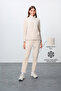 Beige Thick Soft Textured Stand Collar Standard Fit Embroidered Fleece Women's Tracksuit Set -95339