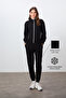 Black Compact Cotton Thick Smooth Textured Stand Collar Standard Fit Women's Tracksuit Set - 95340