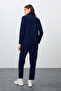 Navy Blue Thick Soft Textured Stand Collar Standard Fit Embroidered Fleece Women's Tracksuit Set -95339 - 7