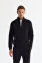 Men's Black Stand Collar Zippered 3 Thread Raised Sweatshirt E 001020