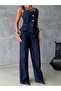 Women's Denim Two-Piece Set Peplum Bustier Top and Wide-Leg Jeans - 3