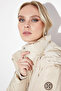 Quilted Stand Collar Hooded Fur Coat Cream - 2