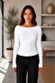 Women's White Boat Neck Long Sleeve Basic Blouse