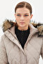 Diamond Patterned Faux Fur Goose Feather Coat Stone - 5