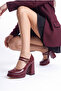 Women's Special Double Buckle / Hard Hat Design Ankle Strap Burgundy Patent Leather Platform Heeled Shoes - 3