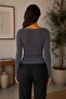 Women's Anthracite Boat Neck Long Sleeve Basic Blouse - 5
