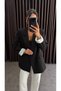 Women's Black Blazer Jacket with Folded Sleeves and Striped Inner Lining - 6