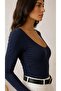 Women's Navy Blue U-Neck Long Sleeve Blouse - 2