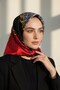 100% Twill Silk Monogram and Chain Patterned Red - Gray Colored 90X90 Scarf Planting Shape: Hand Sewing - 2
