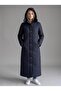 Women's Large Size Hooded 142 Cm Navy Blue Quilted Coat 1022 - 3