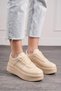 Daily Women's Nude Beige Sneaker Lace Up Light Thick Soled Flexible Faux Leather Sports Shoes 451 - 5