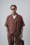 Men's R Embroidered Short Sleeve Muslin Oversized Shirt Brown