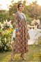 Women's Brown Ethnic Patterned Lace-Up Long Dress - Turquoise Embroidered Authentic Bohemian Dress
