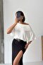 Crep Women's Viscose Fabric Shawl Detailed Boat Neck Flowy Blouse - 4