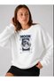Women's Moon Written World Printed Comfortable Fit Crew Neck White Sweatshirt