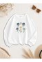 Women's Glitter Flowers Graphic Printed Comfortable Fit Crew Neck White Sweatshirt