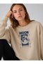 Women's Moon Written World Printed Comfortable Fit Crew Neck Beige Sweatshirt - 2