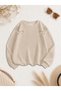 Women's Green Branch Shoulder Printed Comfortable Fit Crew Neck Beige Sweatshirt