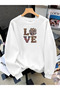 Women's Leopard and Ethnic Patterned Love Printed Comfortable Fit Crew Neck White Sweatshirt