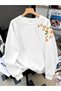 Women's White Yellow Floral Sleeve Printed Comfortable Fit Crew Neck White Sweatshirt