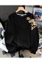 Women's White Yellow Floral Sleeve Printed Comfortable Fit Crew Neck Black Sweatshirt