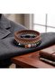 Brown Leather and Black Natural Stone Combination Double Men's Bracelet Set - 2