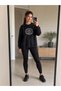 Women's Black Printed Modern Design Black Oversize Sweatshirt with Side Zipper Detail