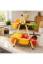 2-Tier Metal Fruit Basket Stand with Wooden Handle, Foldable Countertop Storage Rack for Fruits, Vegetables, Snacks, Kitchen & Home Organizer, Gold - 2