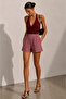 Burgundy Plaid Women's Shorts with 2 Pockets, Comfortable Fit, Elastic Waist - 2