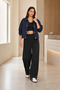 Women's Navy Blue Oversize, Polo Collar, Snap Fasteners, Cotton Gabardine, Short Seasonal Jacket - 6
