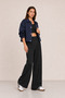 Women's Navy Blue Oversize, Polo Collar, Snap Fasteners, Cotton Gabardine, Short Seasonal Jacket - 3