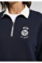 Regular Fit Polo Neck Embroidered Women's Navy Blue Sweatshirt - 4