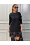 Women's Long Sleeve Crew Neck Hem Leather Lace Viscose Two Thread Midi Dress - 4