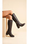 Leather Look Stretch Back Zipper Long Boots with Thick Medium High Heel