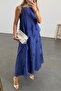 Dark Blue Sleeveless Long Dress with Volants on the Front 3450 - 4