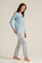 Women's Light Blue Long Sleeve Pajama Set, 50% Cotton 50% Modal - 2