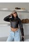 Women's Stand Collar Snap Detailed Cropped Leather Jacket