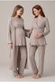 Women's Beige Double-Breasted Collar Breastfeeding Detailed Long Sleeve Maternity Pajama Set with Dressing Gown
