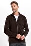 Men's Standard Fit Regular Cut Patterned Half Turtleneck Zippered Brown Cardigan - 3