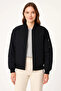Lined Zippered Bomber Coat Jacket - Black - 4